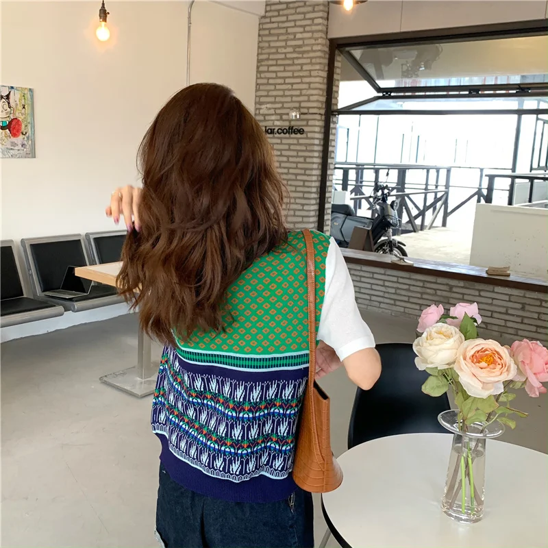 

Harajpoo Vests Women Fake Two Piece Korean College Style Early Autumn New Student Temperament Wild Thin Short Sleeve Knitted Top