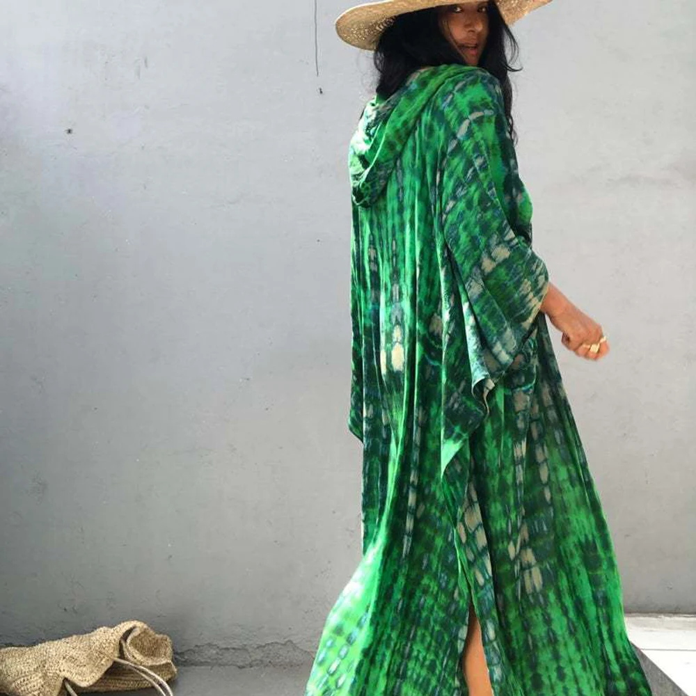 

Pad Dyeing Hooded Cover Ups 2021 Summer Beach Wear Long Sleeve Casual Cardigan Woman Dress Resort Holiday Bathing Suit Cover Ups