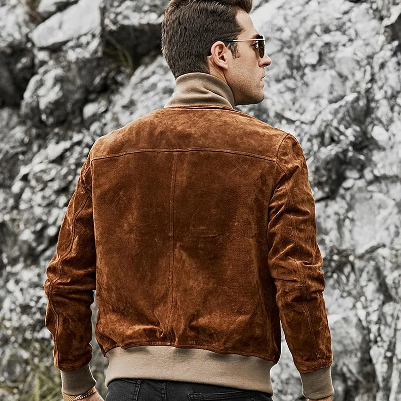 

Quality Genuine High Leather Pigskin Slim Fit Mens Short Jackets Rib Sleeve Stand Collar Single Breasted Causual Coats Plus Size