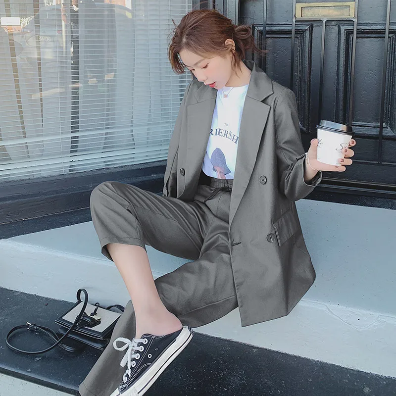 Женские костюмы в Корейском стиле свободное повседневное однотонное синее