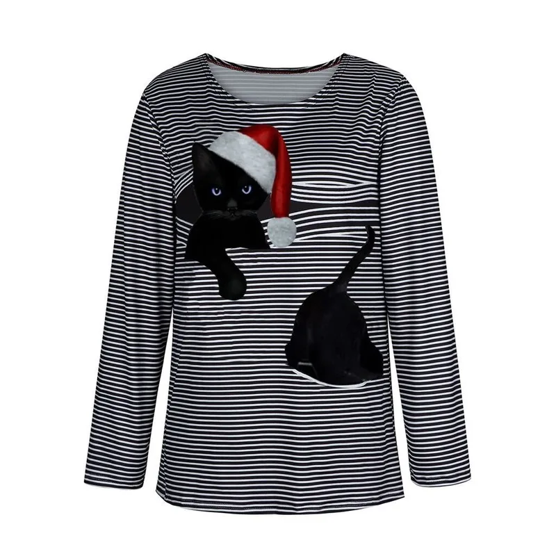 

2020 Autumn Cat Print Christmas Women T-Shirt Casual Black Color Round Neck Long Sleeve Loose Tops