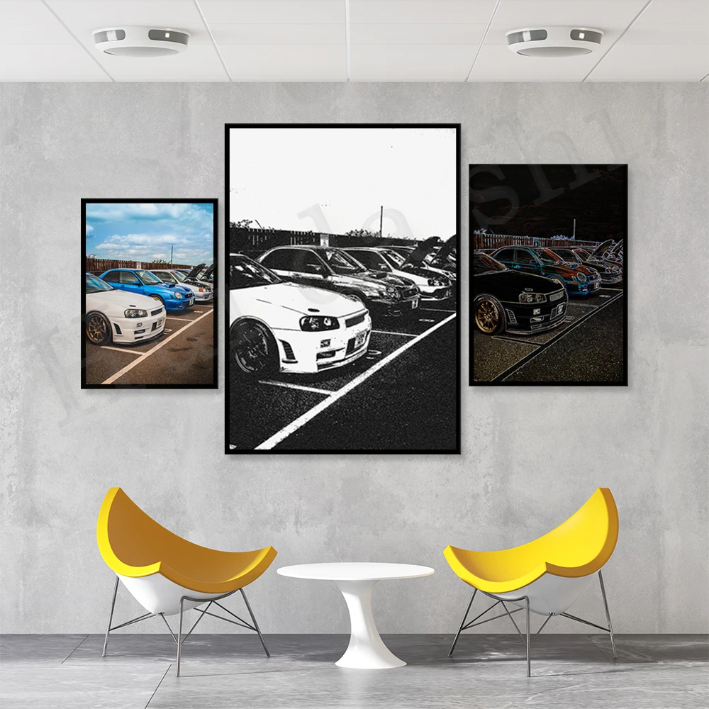 

Japanese Car Meet, JDM, Subaru, Nissan R32, R34- Automotive Photography Art Print Decoration Canvas Print Poster