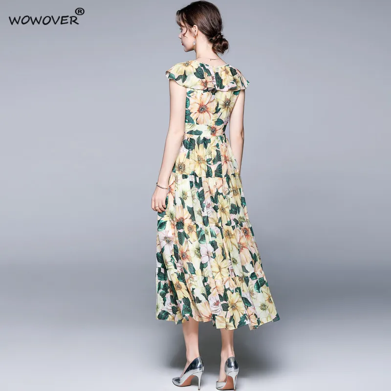 

2021 Summer Runway Holiday Camellia Floral Print Beach Maxi Dress Women Sleeveless Ruffles Elegant Long Chiffon Dress