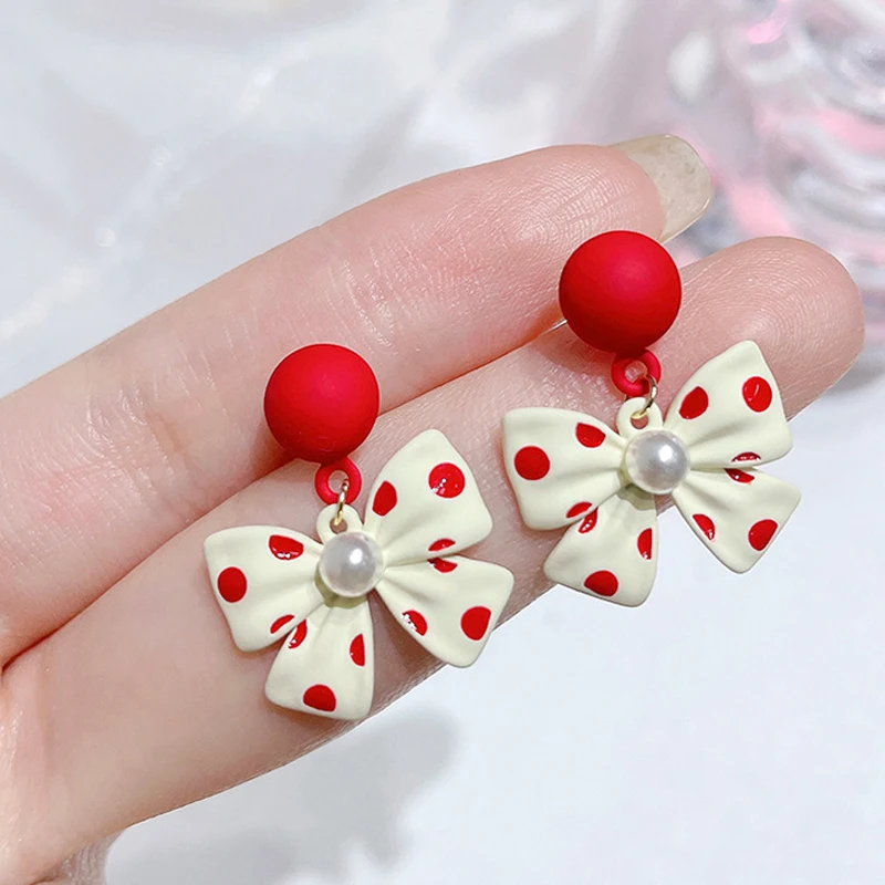 

New Fashion Elegant Round Imitation Pearl Bow Dangle Earrings Women Elegant Wild Long Rhinestone Bow Crystal Zircon Ear Studs