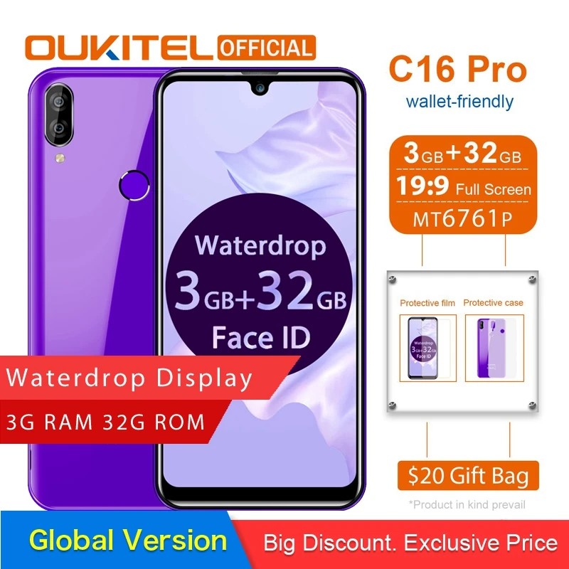 Смартфон OUKITEL C16 Pro, 3 ГБ, 32 ГБ, четырехъядерный процессор MTK6761P, 5,71 дюймов, экран в виде капли воды, 19:9, отпечаток пальца, LTE, 2600 мАч, мобильный телефон для распознавания лица