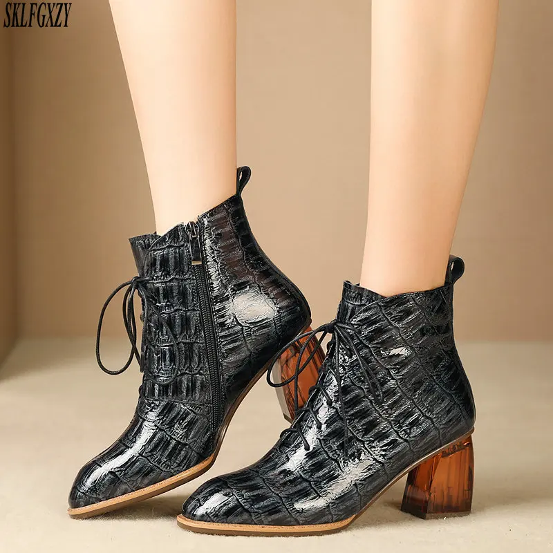 New High Quality Women Ankle Boots Hand-made Genuine Leather 7cm heels Woman Toe lace up Shoes Female Footwear | Обувь