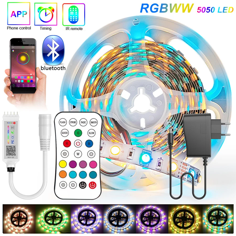 

Bluetooth RGBWW 30M 20M 15M RGB LED Strip 5050 DC 12V Ribbon LED Light Strip RGB Warm White Tape SMD Flexible 5M 10M Diode Tape