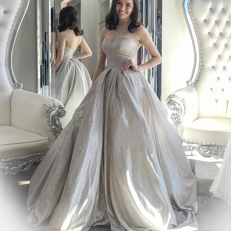 

New Arrival Glitter Ball Gown Silver Prom Dresses Elegant Sweetheart Floor Length Evening Gown 2022