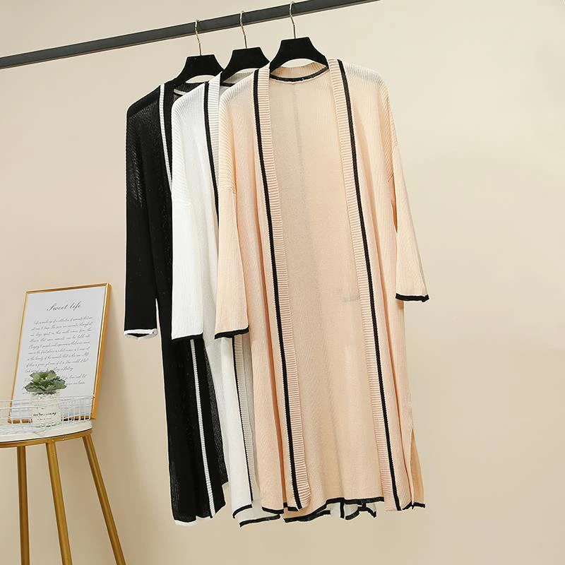 

Striped Mid-Length Knitted Sunscreen Cardigan Women Loose Plus Size 4XL Thin Open Stitch Knitwear Coat Summer Cape Overcoat