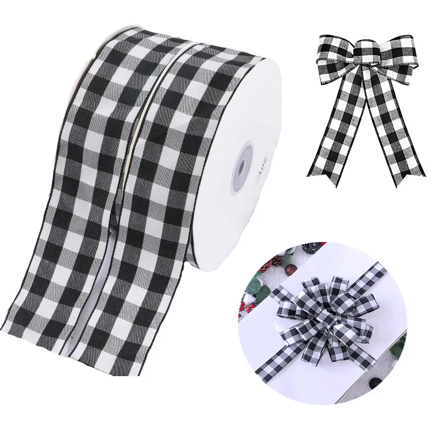 

Черно-белая клетчатая лента, проводная Рождественская лента для украшения вечеринки, цветочные банты, аксессуары для рукоделия
