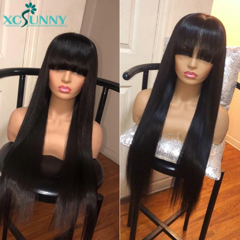 Прямые передние парики из человеческих волос на сетке с челкой 13x4 передний парик