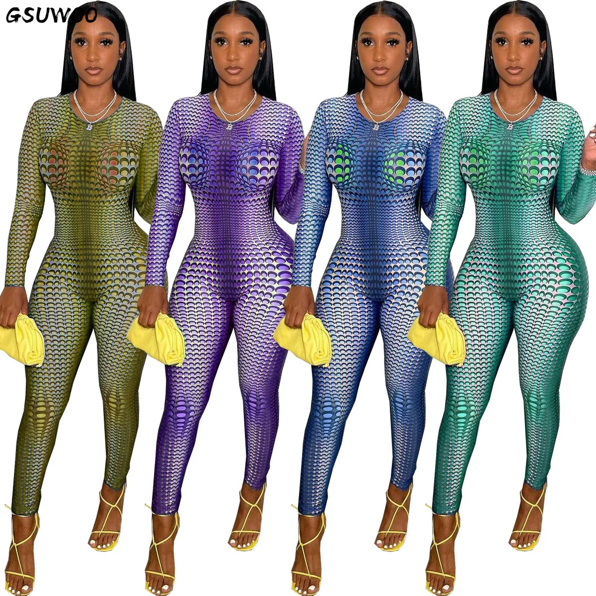 

Gsuwo Fashion Polka Dot Print Jumpsuit Casual O Neck Long Sleeve Three-dimensional Leggings Romper Women Outfit Jumpsuit Workout