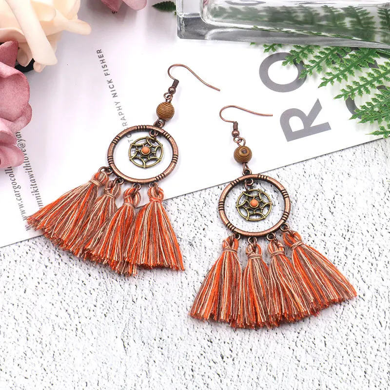 

Retro Fashion Dreamcatcher Earrings Female Bohemian Ethnic Style Elegant Tassel Long Holiday Accessories Wholesale Gift
