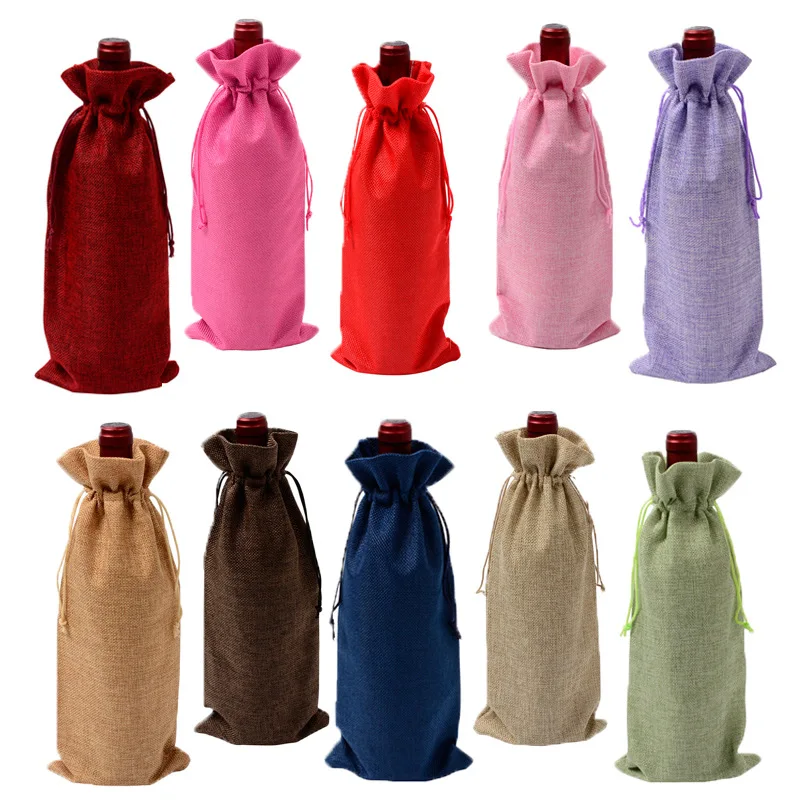 

10pc 15*35cm Rustic Jute Burlap Wine Bags Drawstring Wine Bottle Covers Reusable Bottle Wrap Gift Package Wine Bags