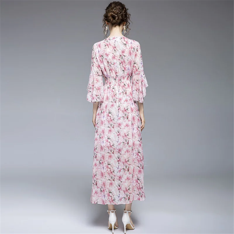 

French Bellflower Elegant Long Skirt V-Neck Ruffled Waist Floral Dress Fashion Popular Chiffon Women Dress