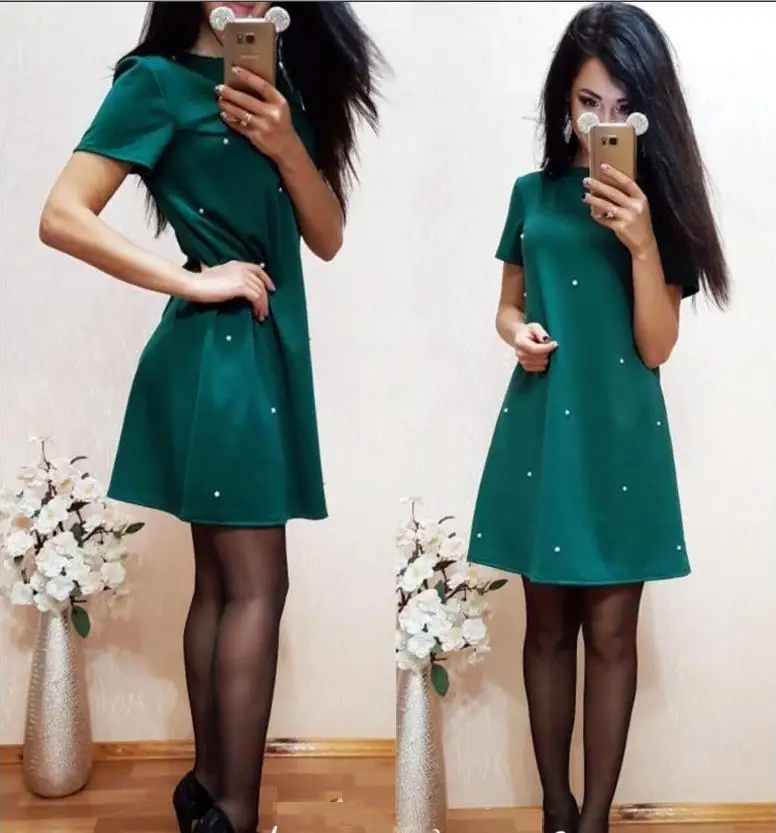 2019 женское летнее уличное мини платье классическое с коротким рукавом и круглым