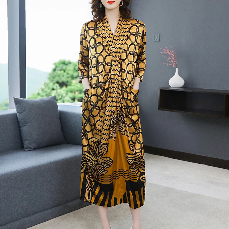 

2022 Spring Yellow Print Natural Silk Midi prom Dresses Autumn Vintage Casual Long Sleeve robe Elegant Women Evening Vestidos