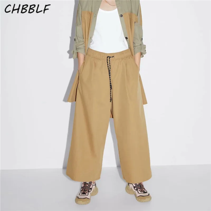 

Брюки CHBBLF женские с широкими штанинами, Элегантные повседневные удобные штаны цвета хаки с поясом на резинке и карманами на завязках, BGB9558