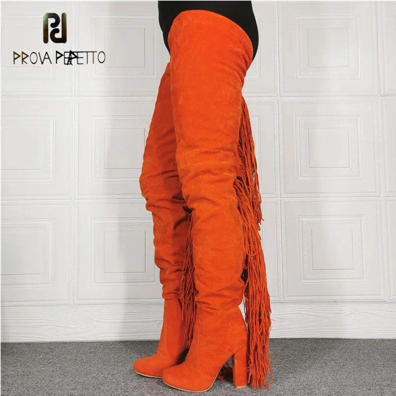 

Дизайнерские новые оранжевые Сапоги выше колена на толстом каблуке с бахромой, модные сапоги большого размера в подиумном стиле, высокие сапоги до бедра
