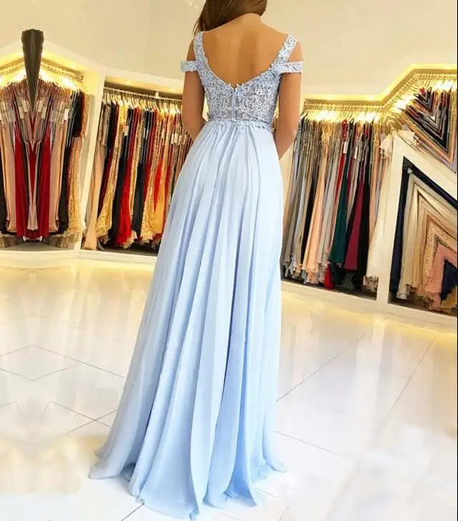abiye gece elbisesi 2020 Cheap A Line Sky Blue Chiffon Long Evening Dresses With Lace Appliqued Corset Formal Party Gowns | Свадьбы и