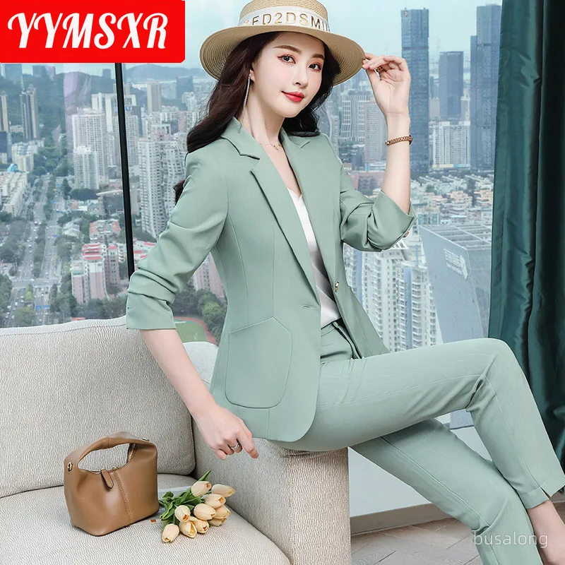 Autumn and Winter Women's High-quality Office Pants Suit Two-piece Casual Striped Long-sleeved Ladies Jacket Slim 9-point Pants