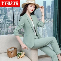autumn and winter womens high quality office pants suit two piece casual striped long sleeved ladies jacket slim 9 point pants