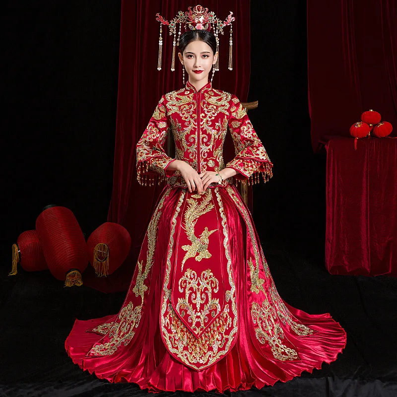 

Handmade beading Rhinestone Embroidery Ancient Bride Wedding Dress Retro Dress Chinese Cheongsam Dress Long Section Size S-XXL