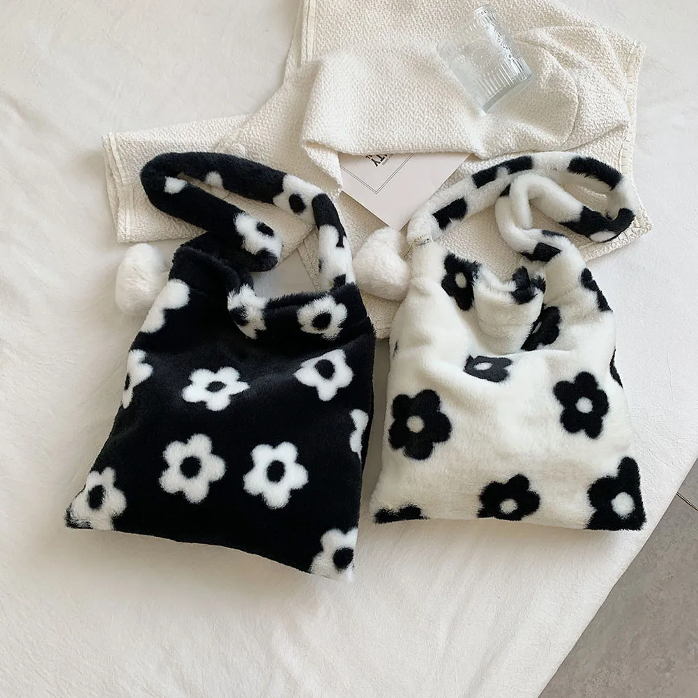 

Women Shoulder Bags Autumn Winter Fashion Leopard Bags Hit Color Flower Print Shoulder Bag Plush Tote Large-Capacity Handbags