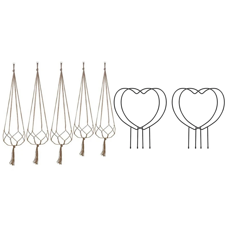 

1SET Lace Plant Hanger, Plant Potted Cotton Rope Hanger & 4 Packs Of 13-Inch Heart-Shaped Plant Support Frames