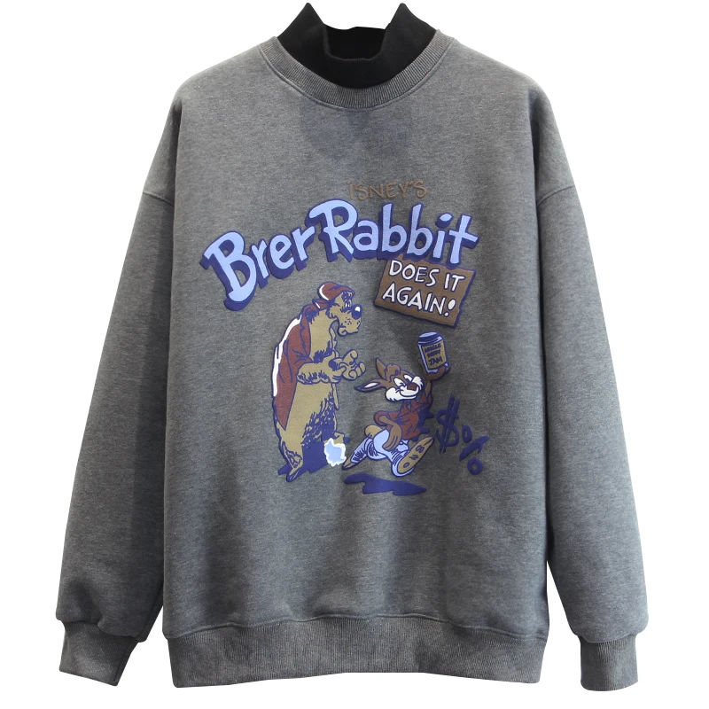 

Patchwork Faux Two Piece High Collar Pullovers Tops for Women New Spring Autumn Cartoon Printing Loose Long Sleeve Sweatshirts