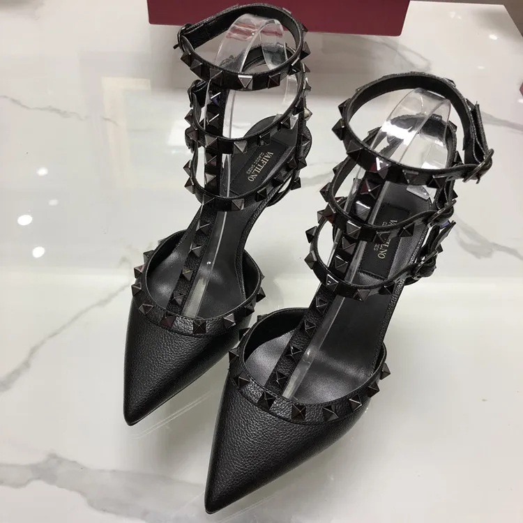 

Leather Rivet Sandals for Women 2022 Pointed Toe Pumps High Heeled Sandals 10cm Womens Thin Heel Black Wedding Shoes Size 34-43
