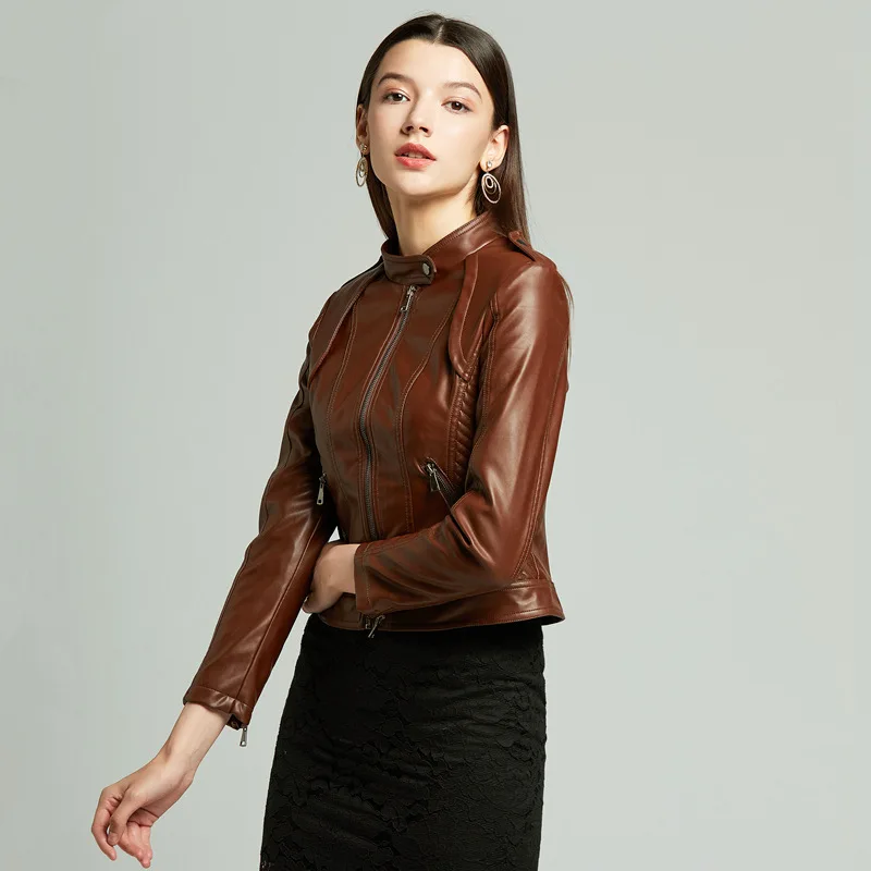 2022 New Spring Autumn Women's Slim Fashion Leather Jacket Female Casual PU Short Coat Lady Long Sleeve Large Size Outerwear enlarge
