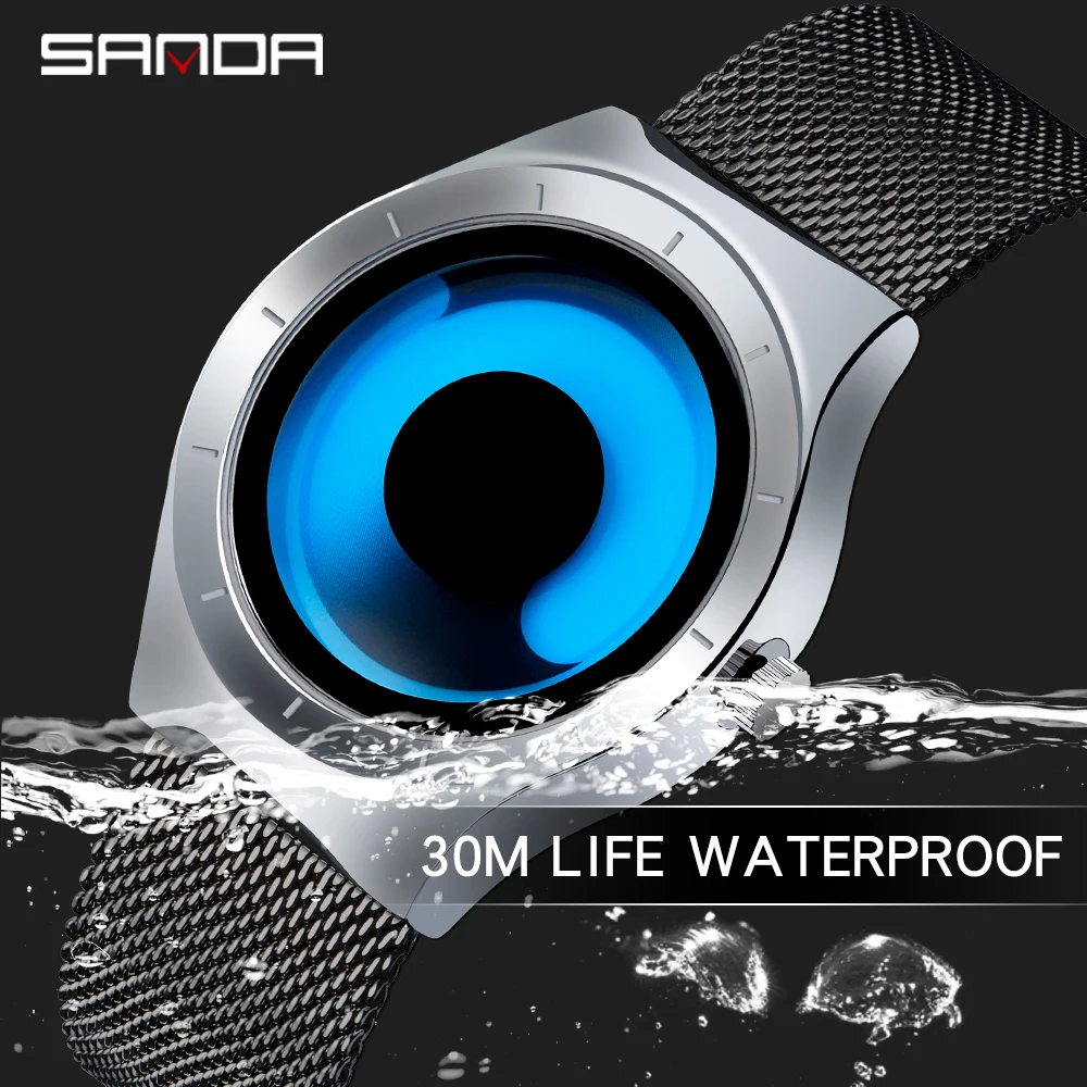 

SANDA New Fashion Waterproof Men Watch Trend Personality Swirl Contrast Color Gradient Dial ther Steel Belt Men's Quartz Watch