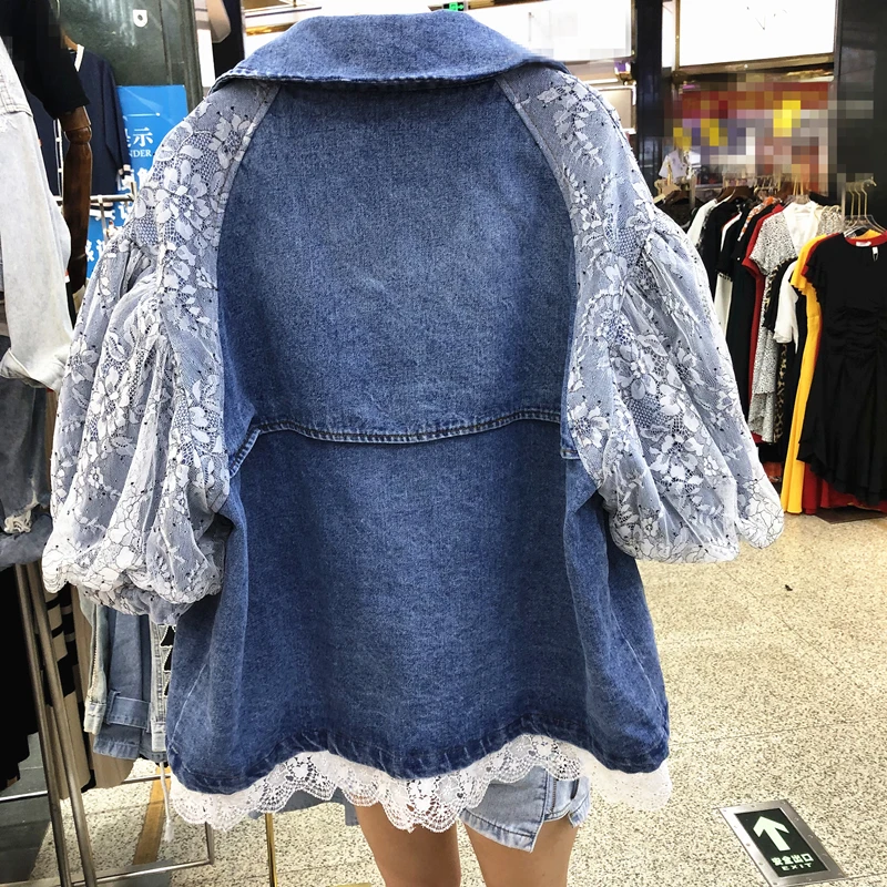

Autumn Spring Women Vintage Oversized Lantern Sleeve Lace Patchwork Notched Denim Coat Female Jean Jackets Streetwear Outwear