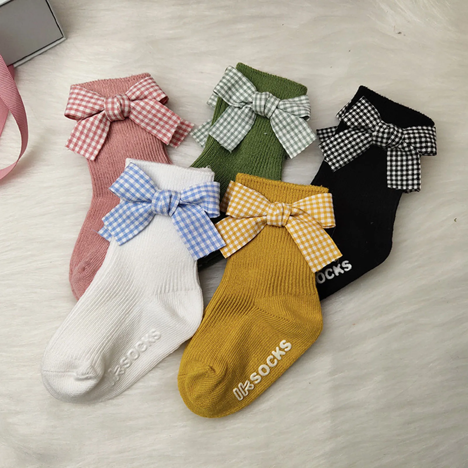 

Baby Spring Fall Socks, Multicolor Letter Print Mid Length Socks with Plaid Bowknot Decor for 0-5 Years Toddlers Girls