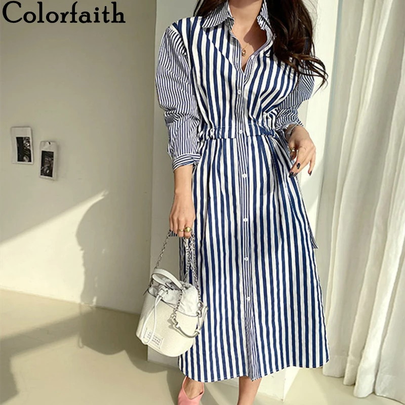 

Colorfaith New 2021 Women Spring Autumn Shirt Dresses Fashionable Elegant Korean Vintage Striped Lace Up Long Dresses DR3293
