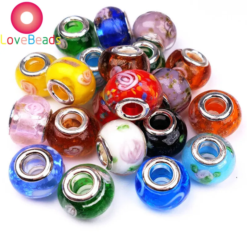 

10Pcs European Bead Large Hole Glass Spacer Loose Beads Crystal Colorful Lampwork Beads for DIY Snake Chain Fit Pandora Bracelet