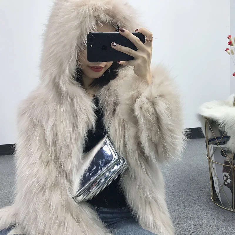 

rf20108 Women's Real Raccoon Fur Hoodie Knitted White Raccoon Fur Coat with Hood Oversized