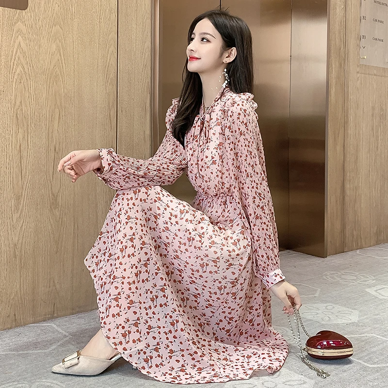 Новинка 2020 весеннее женское платье с цветочным рисунком длинным рукавом в
