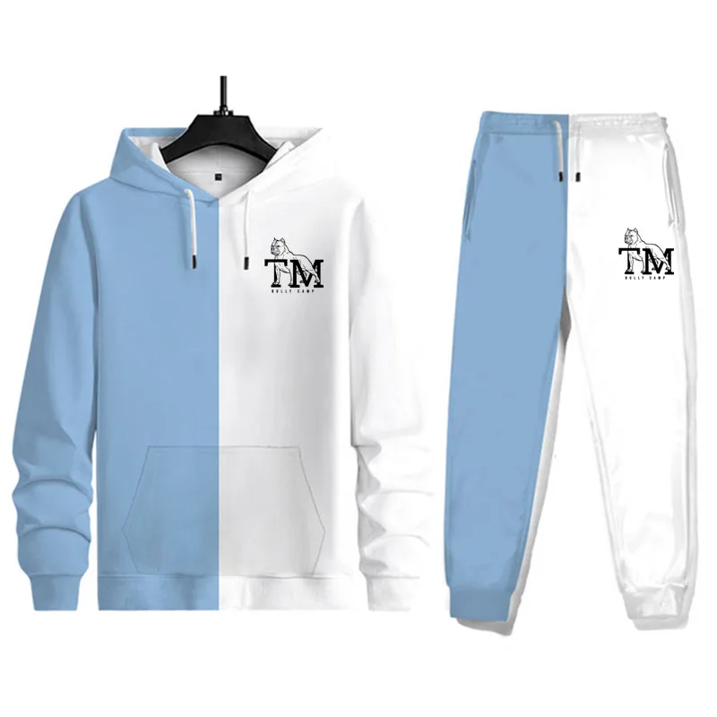 

Men's Patchwork Sweatshirt set Hoodies Clothing Casual Loose Streetwear Male Fashion Autumn Winter Outwear + Pants 2 Piece Sets