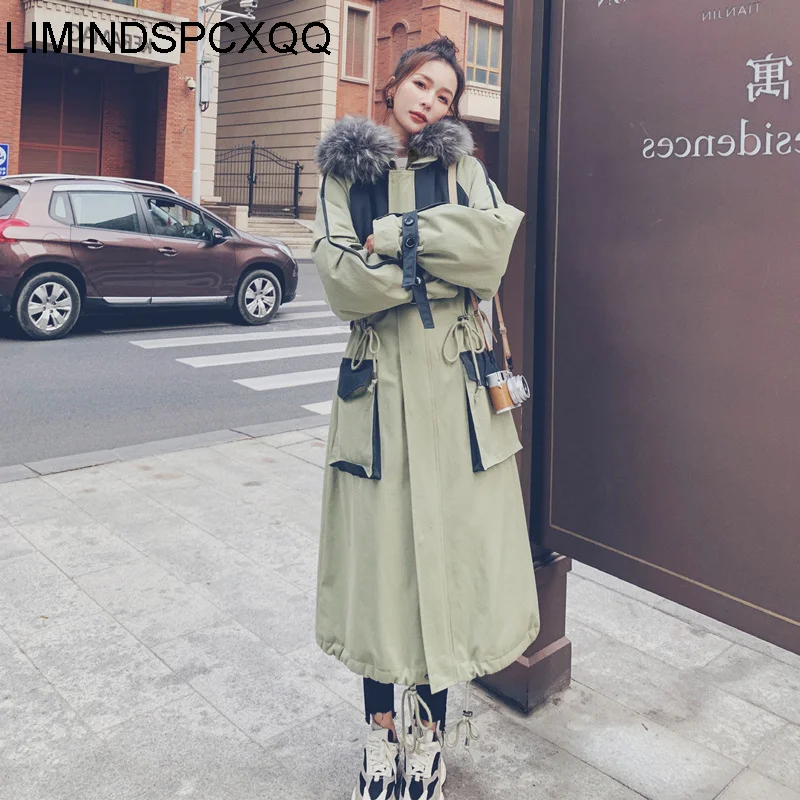 

Mujer Parkas Long Hooded Fur Collar Female Winter Down Padded Jackets Korean Loose Drawstring Thicken Coats Warm Fashion Clothes