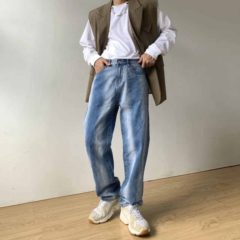 Unique Gradient Jeans Men Korean Stacked Jeans Loose Drooping Boyfriend Straight Wide Leg Pants Man Trousers Trendy Denim Jeans