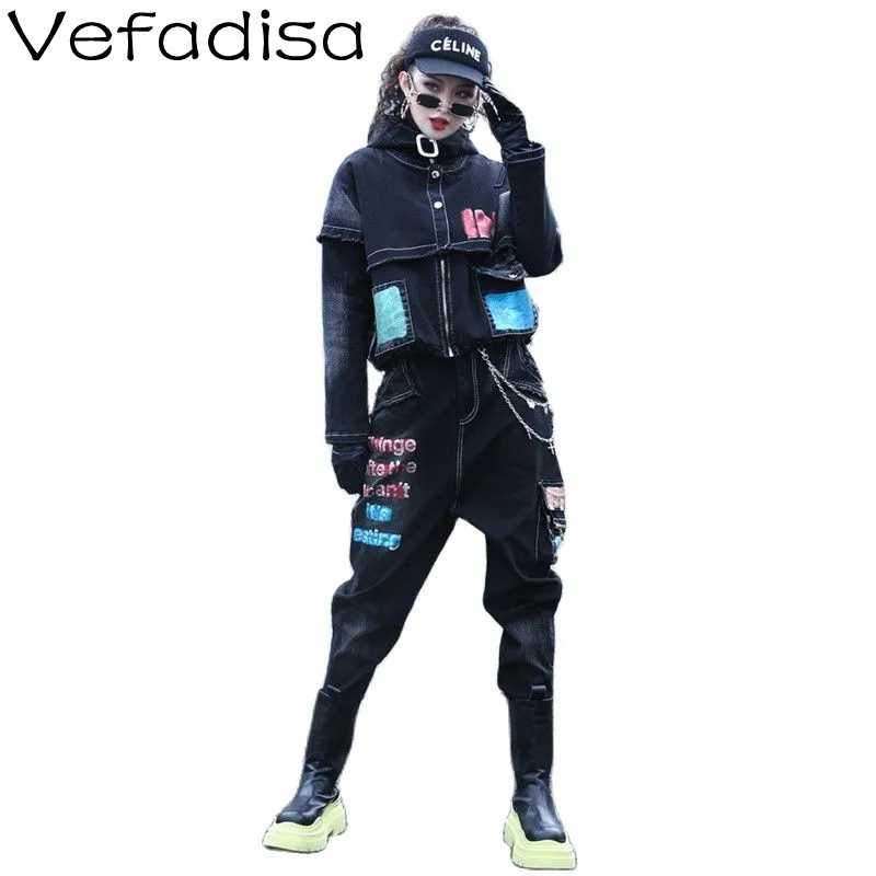 

Vefadisa Winter Plus Velvet Thick Denim Jacket High Waist Thick Jeans Street Style Fashion Stitching Contrast Denim Sets TT723