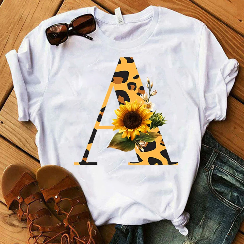 

Funny Leopard Sunflower Print T Shirt Women White Black Shirts Fashion Round Neck Short Sleeve T-Shirt Summer Tees Casual Top