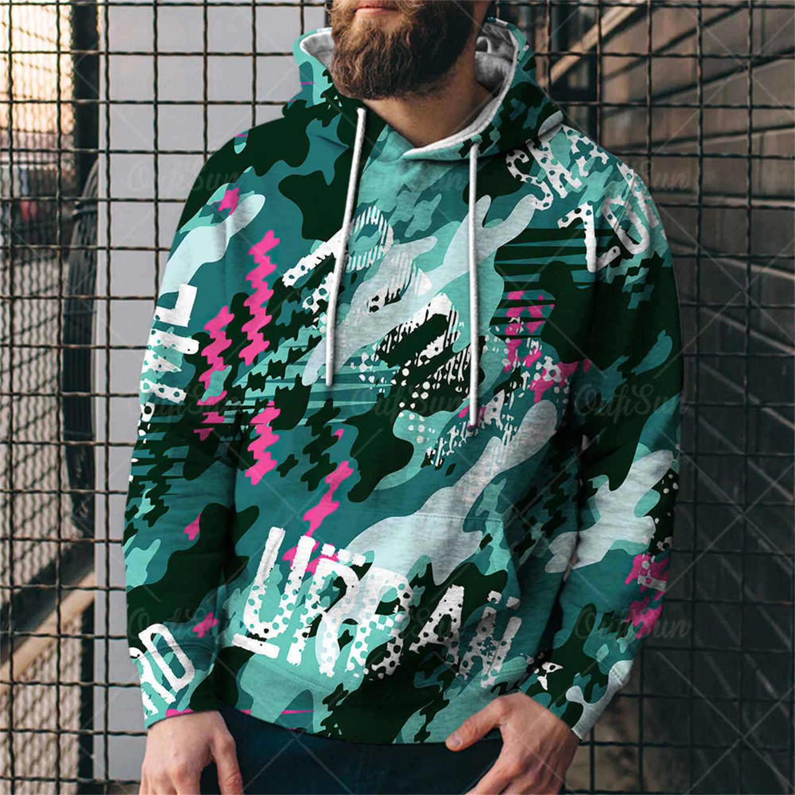

Letter Graffiti Print Pocket Pullover Men Loose Fashion Round Neck Breathable Sportwear Soft Sweatshirt Drawstr Adjustable Hoodi