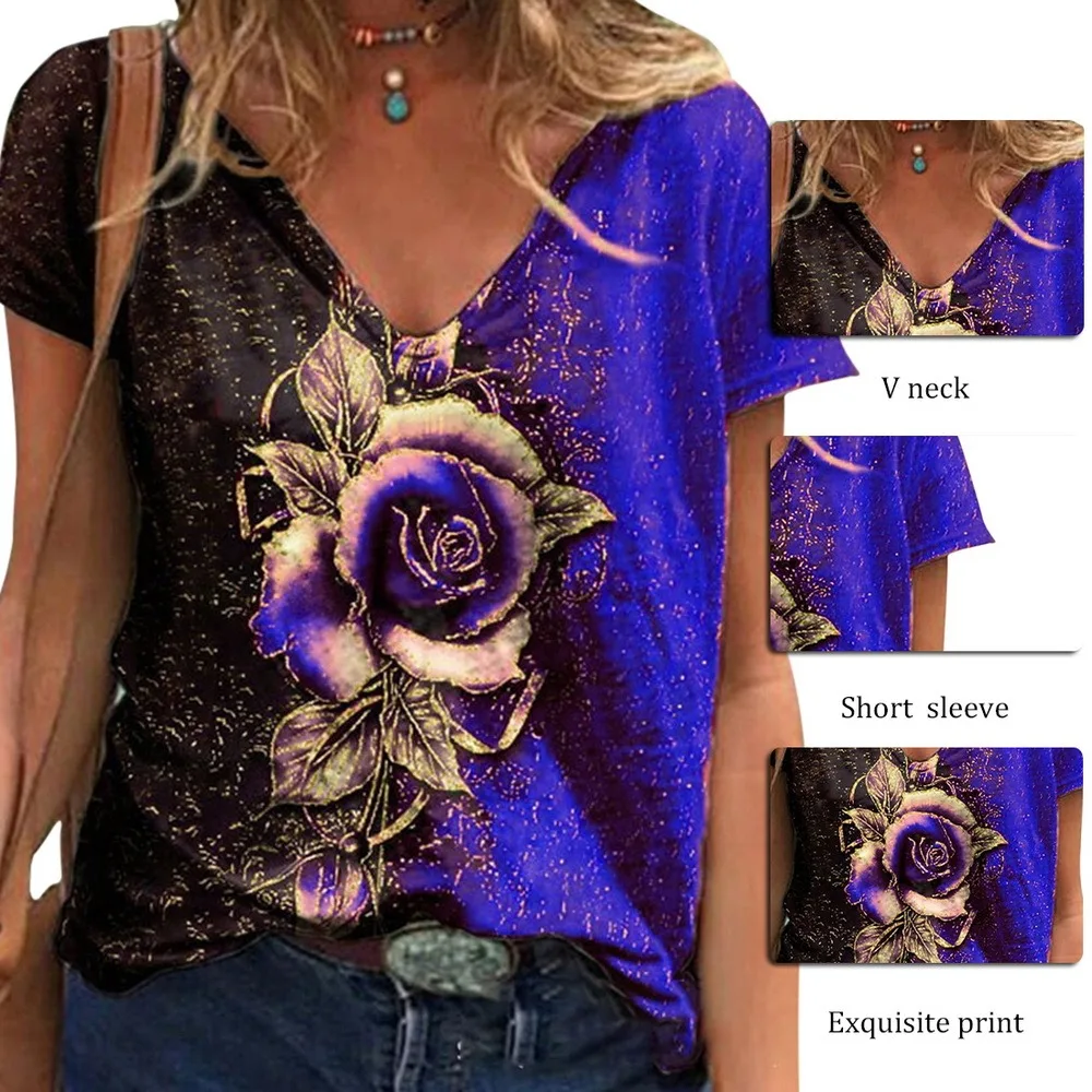 

Summer Casual V-neck Multicolor Rose Print Short-sleeved Loose T-shirt 2021 Fashion Street Hipster Pullover T-shirt Female S-2XL