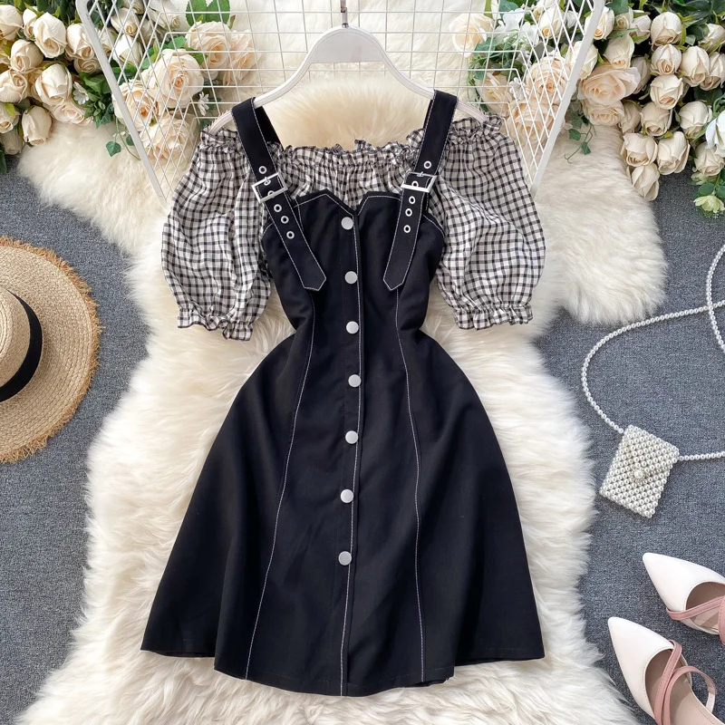 

New style dress elegant dress women plus size word bubble sleeve dress female party dress fake two-piece lace skirt 2021spring