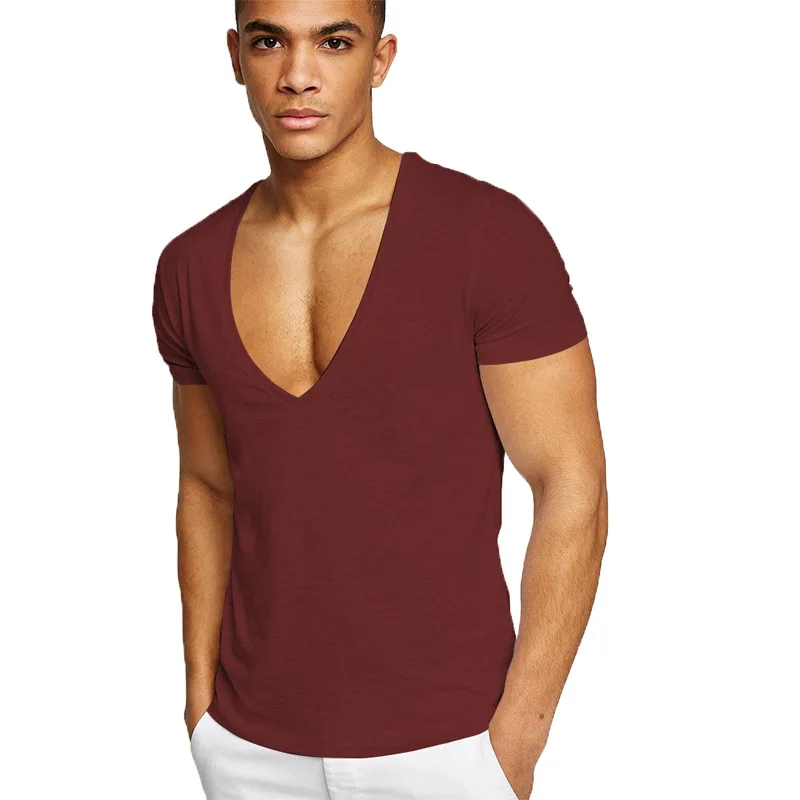 

Men's fitness sports and leisure summer cotton sweat-absorbent solid color European code deep V-neck T-shirt YJ810