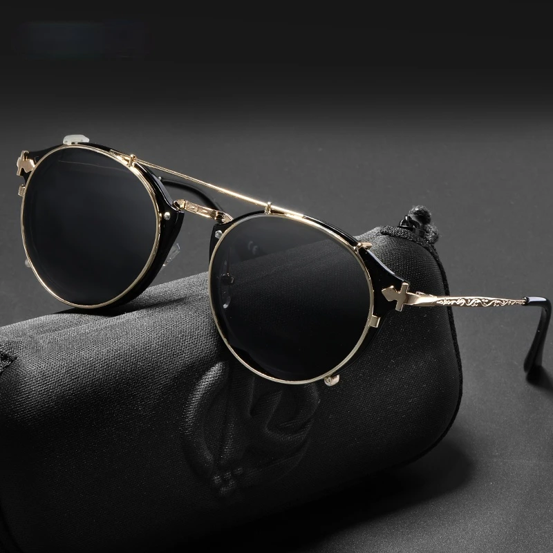 Очки солнцезащитные мужские/женские в стиле стимпанк двухслойные круглые очки