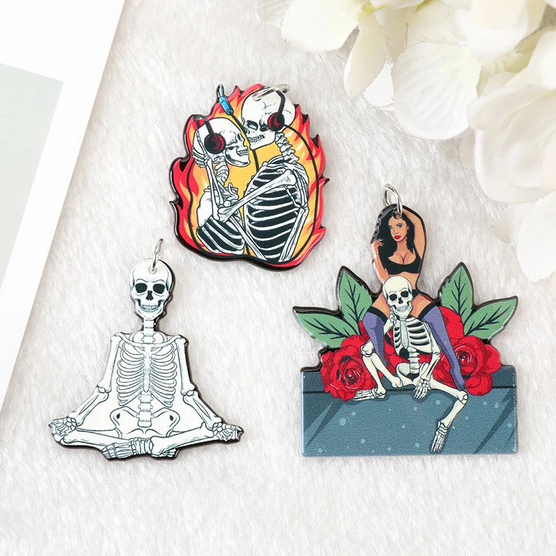6Pcs Acrylic Skull Lovers Dead Skeleton Woman Afro Sexy Diva Lady glamour stylish Nubian Pendant For Earring Necklace Diy - купить по